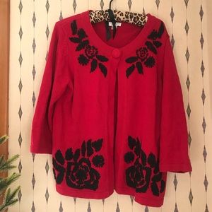 Christopher & Banks Red Floral Sweater Cardigan